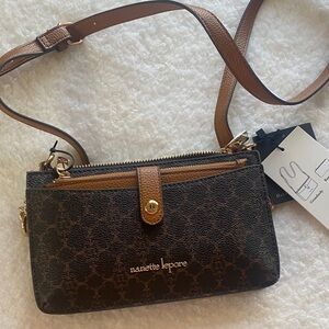 Nanette Lepore Brown Logo Pattern Crossbody with Tan Trim